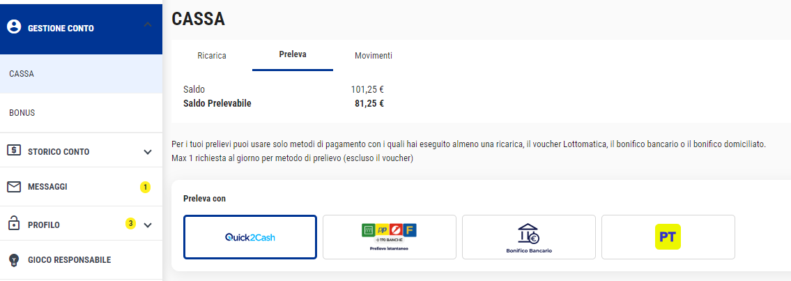 Schermata degli strumenti di gioco responsabile Lottomatica